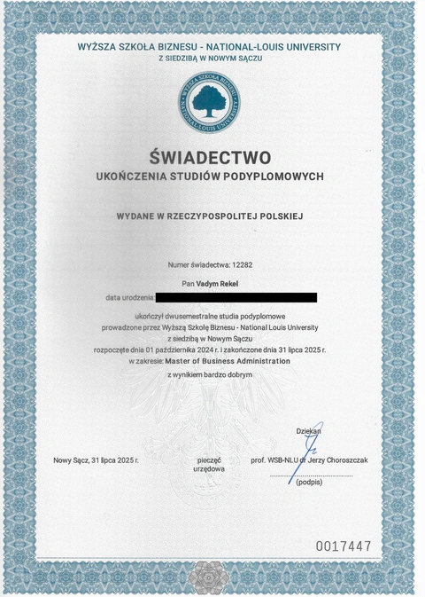 Świadectwo studiów podyplomowych: Master of Business Administration, WSB-NLU. Dokument wystawiony dla Vadym Rekel.