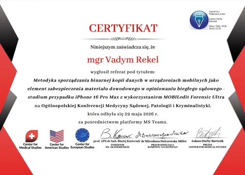 Wygłoszony referat: Kopia danych z iPhone’a i MOBILedit ULTRA, Center for Medical Studies. Dokument wystawiony dla Vadym Rekel.
