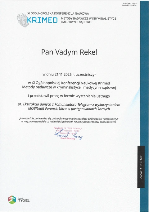 Wystąpienie konferencyjne: Telegram i MOBILedit Forensic ULTRA, Fundacja TYGIEL. Dokument wystawiony dla Vadym Rekel.